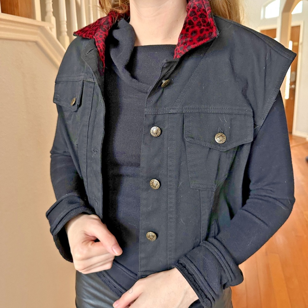 Cactus Flower Black Denim Vest with Red Leopard Print Velour Lining - Rockabilly